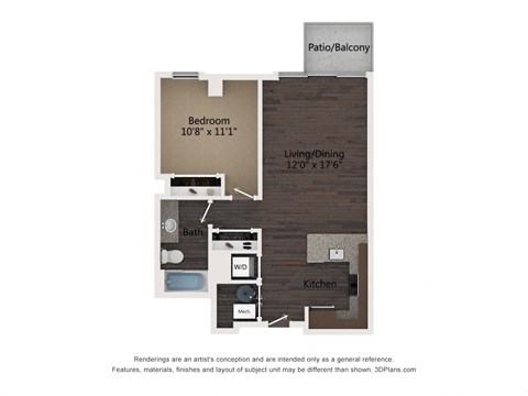 Floor plan for 1 bed, 1 bath, 707 sqft